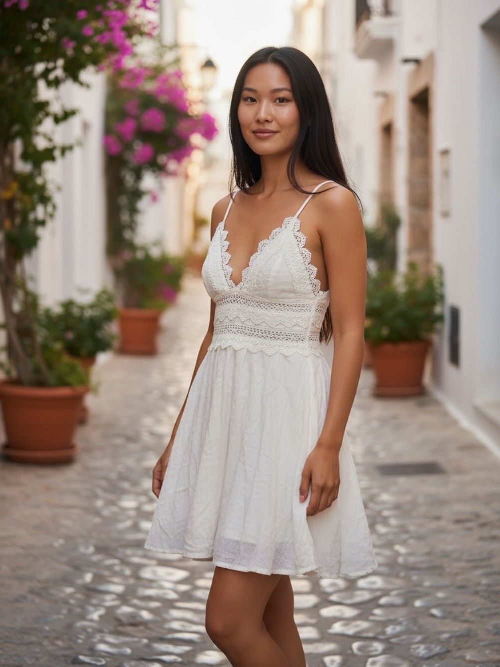 Forever 21 White Crochet-Trim Spaghetti Strap Mini Dress